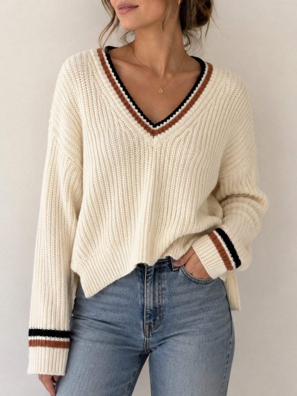 Abercrombie and Fitch V-neck Striped Cream Sweater Oversized Slouchy XS